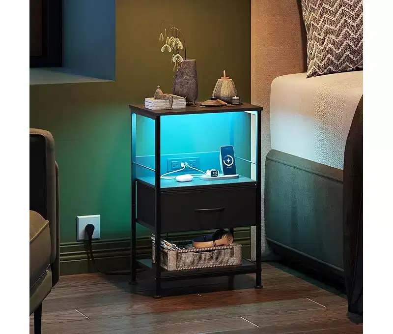 LED Nightstand with Charging Station Adjustable Fabric Drawer, 3-Tier Storage Bedside Table Compact End Table for Bedroom