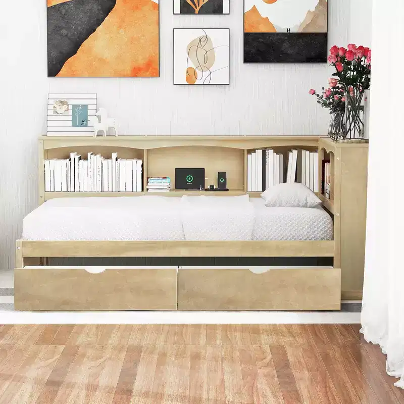 Twin Size Daybed – 2 Storage Drawers, 5 Cabinets & USB Ports, Natural Wood