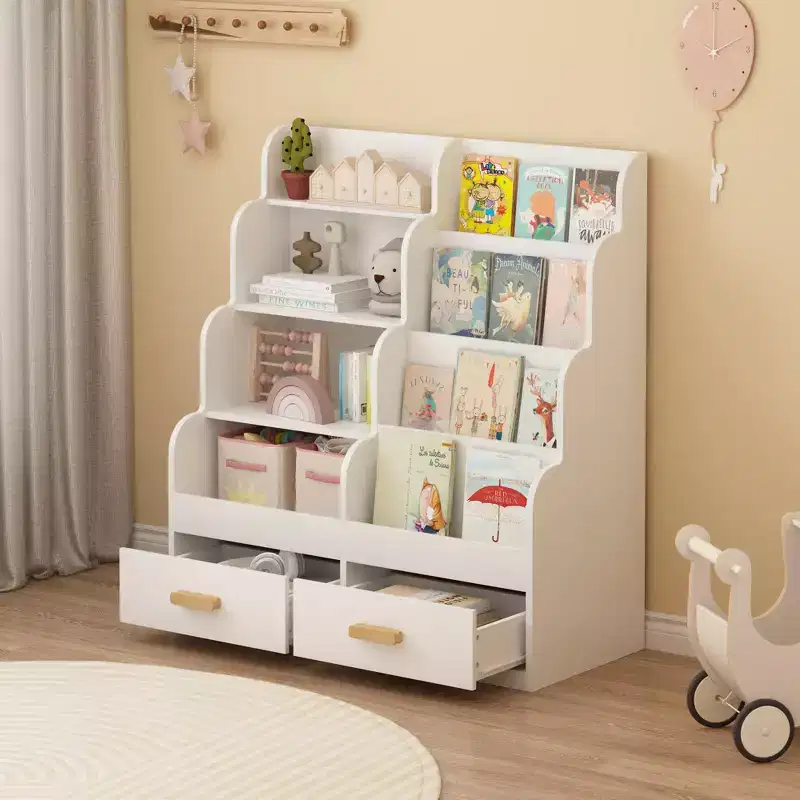 Kids Bookshelf with 2 Storage Drawers, Front-Facing Children's Bookcase and Toy Organizer, Multi-Tier Reading Shelf for Toddlers White