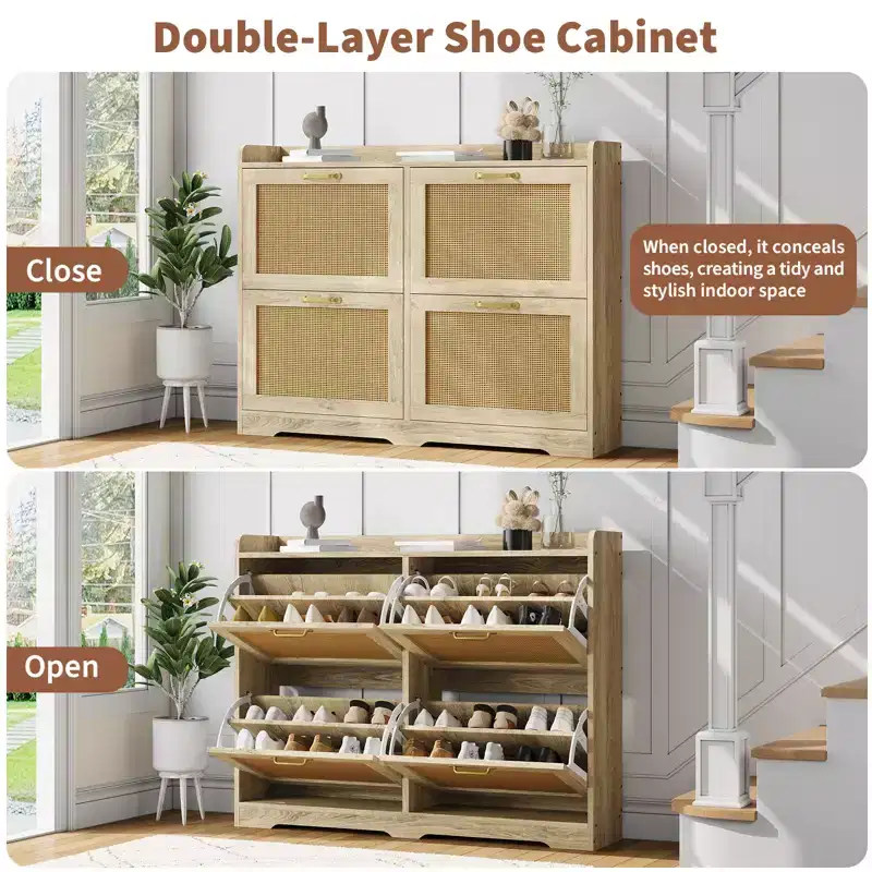 Rattan Shoe Storage Cabinet with 4 Flip Drawers, Hidden Shoe Storage Organizer, Wide Freestanding Wood Breathable Shoe Rack Cabinet