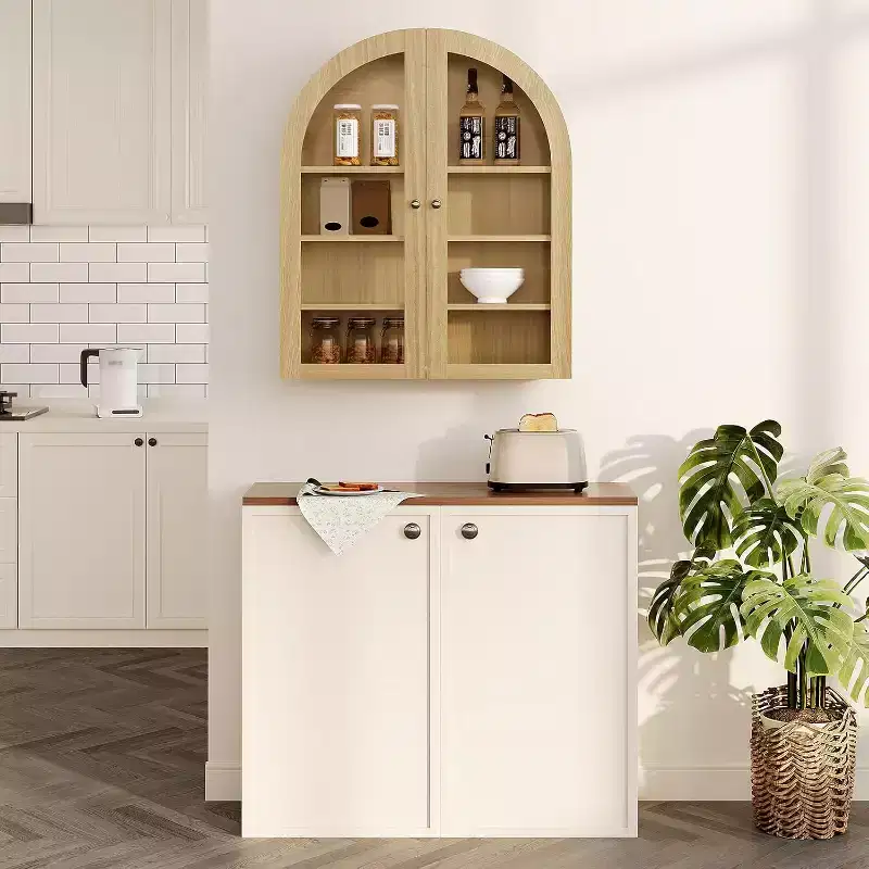 24 Arched Wall Cabinet with Acrylic Double Doors, Farmhouse Medicine Cabinet with Adjustable Shelf, Wall-Mounted Wood Storage Cabinet