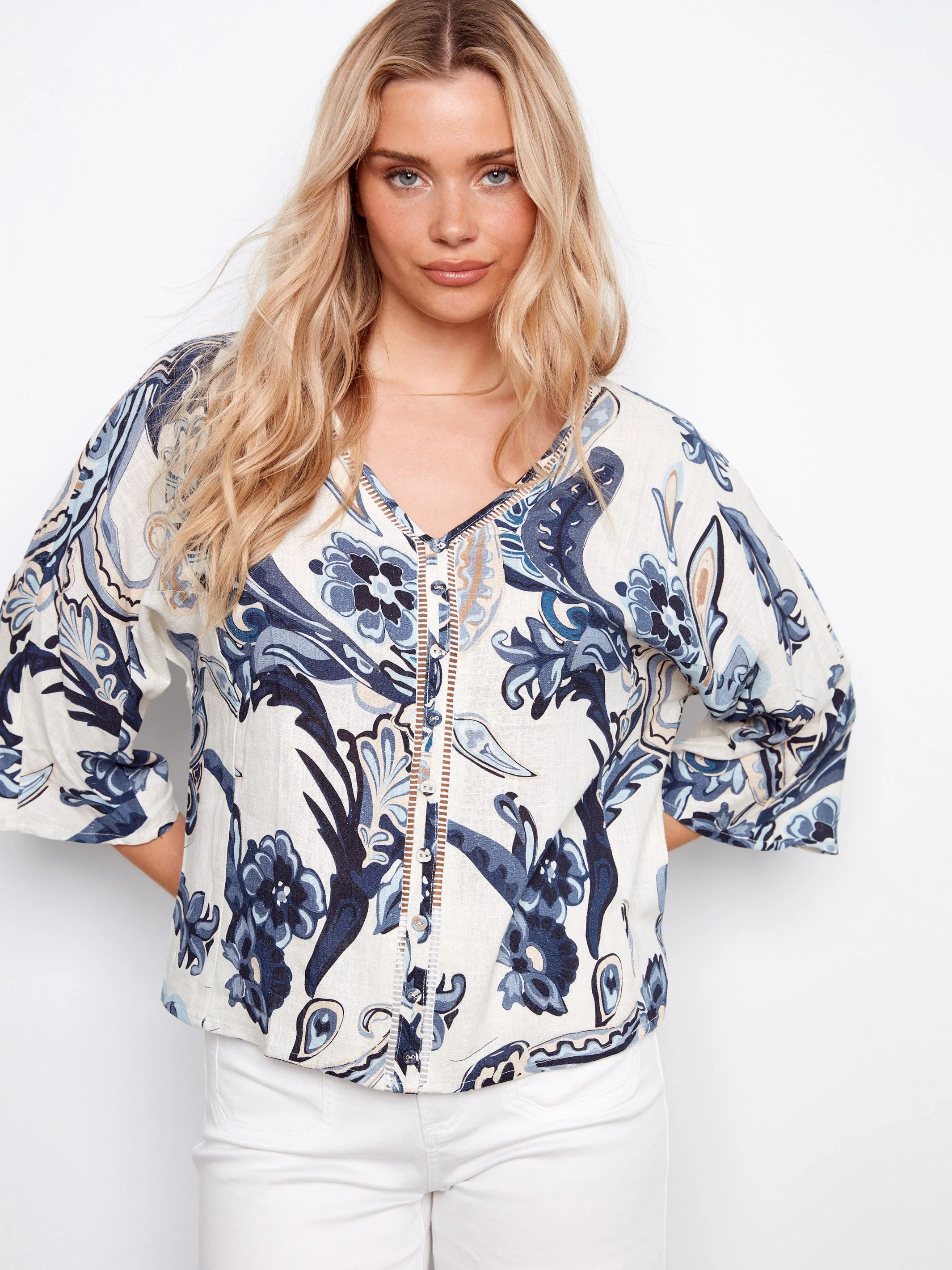 Printed Linen Blend Blouse With Front Button Detail - Blue Paisley Print
