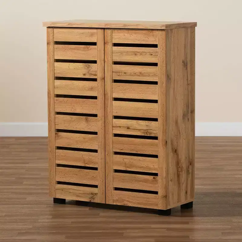 2-Door Shoe Cabinet with 5 Shelves - Oak Brown, Holds 15 Pairs