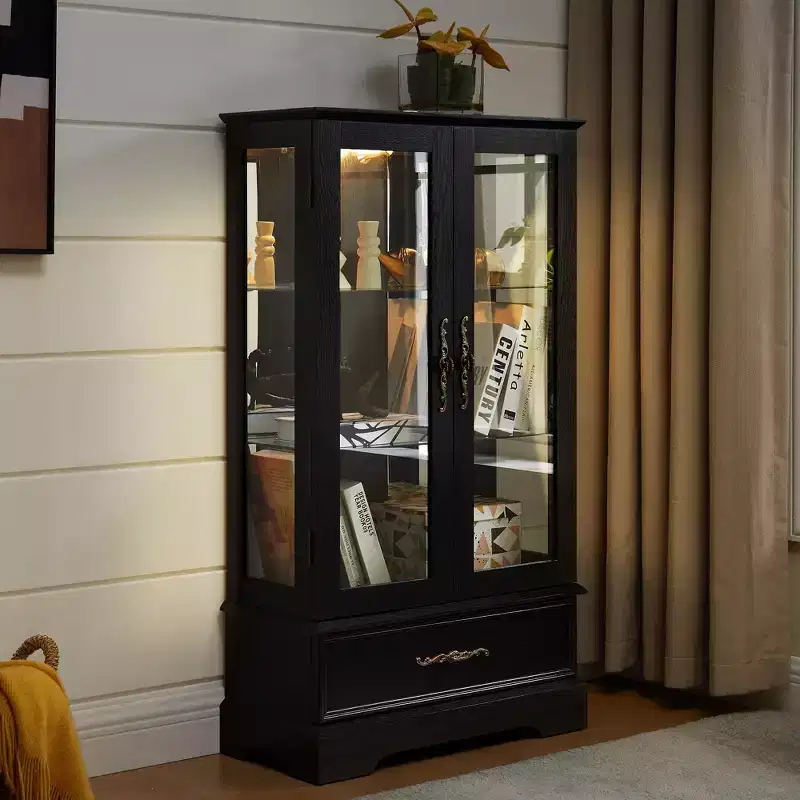 CLIHOME Lighted Glass Curio Display Cabinet Kitchen Storage Cabinet, China Cabinet With Adjustable Shelves