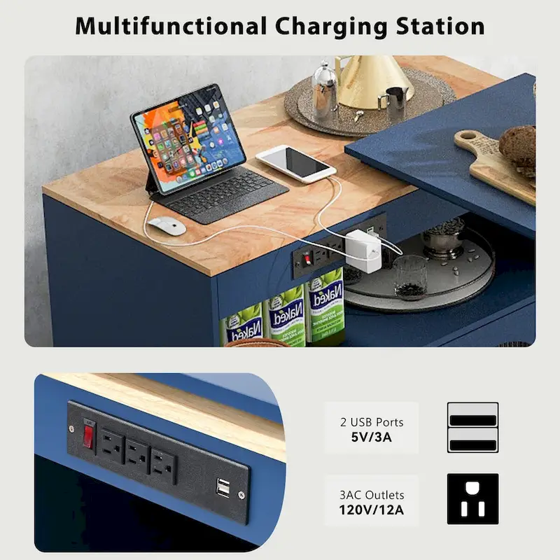 33 in. W Kitchen Island Rubberwood Top on 8 Wheels With Extended Table, LED Lights, Power Outlets