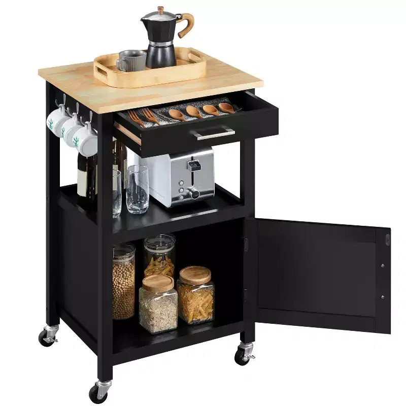 Rolling Kitchen Island Trolley Cart with Open Shelf and Storage Cabinet