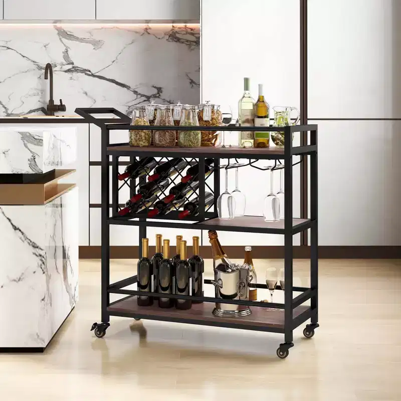 Costway 3-tier Bar Cart on Wheels Home Kitchen Serving Cart with Wine Rack & Glass Holder Rustic Brown/Brown