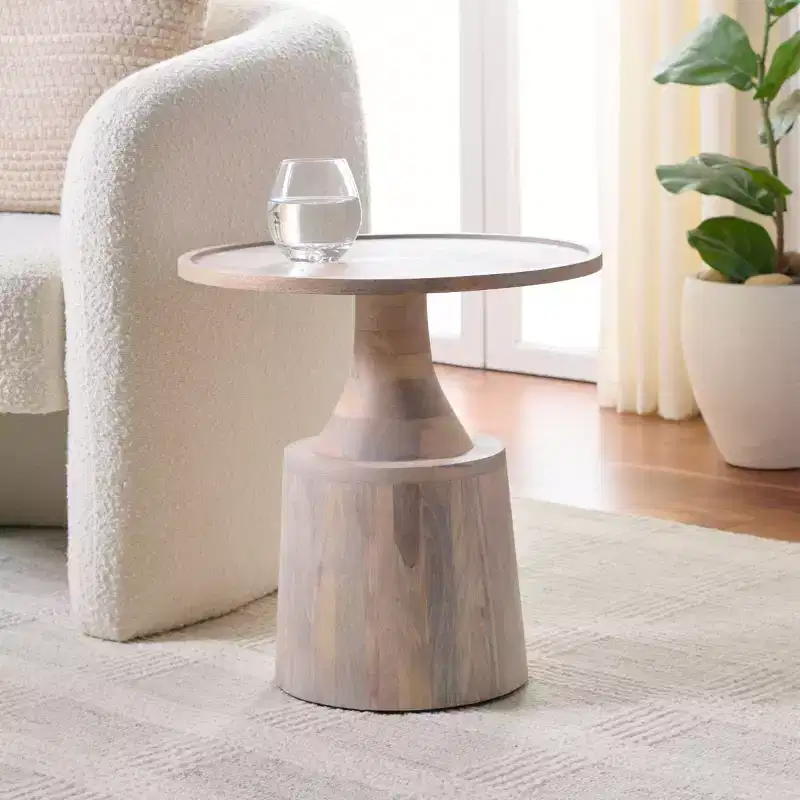 Round Accent Table, White Washed Mango Wood, Serving Tray Top, 18