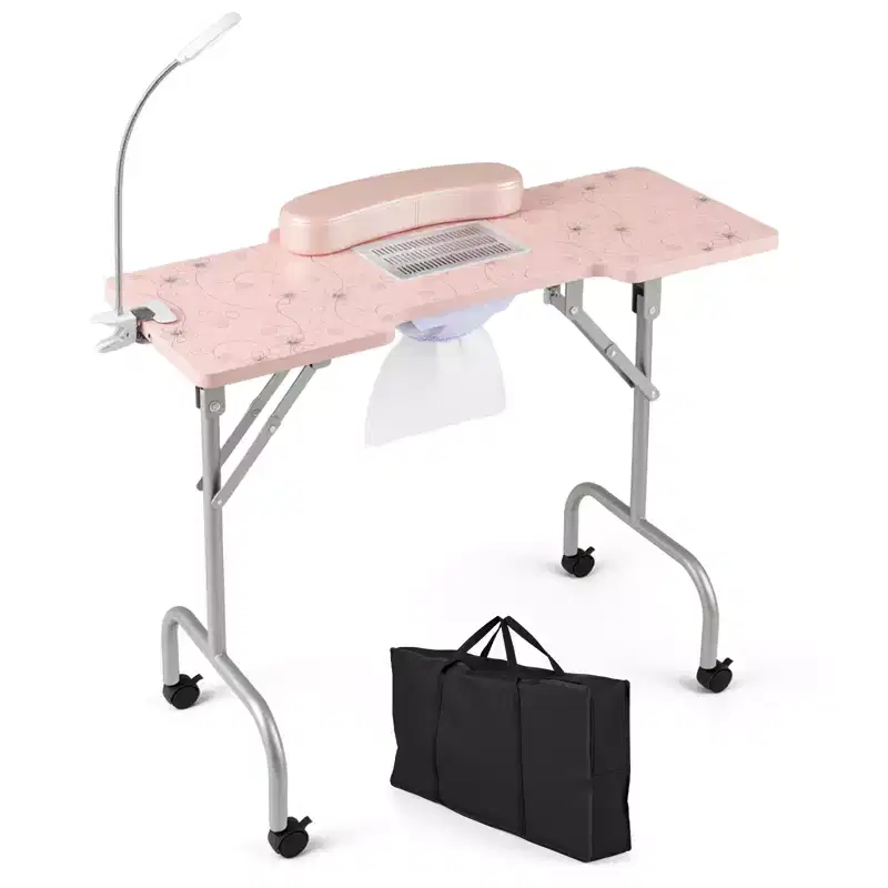 Folding Manicure Nail Table with Electric Dust Collector LED Lamp Carry Bag Pink