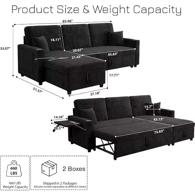 MooxvMoo 83 Convertible Sofa Bed Couch with Storage & USB Port, 4 in 1 L Shaped Sofa with Pull Out Couch Bed, Side Table, Cup Holder,Black