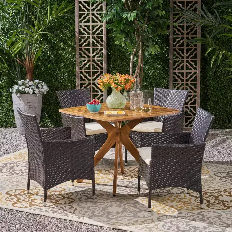 Christopher Knight Home Montserrat Outdoor Acacia Wood and Wicker 5 Piece Dining Set with Cushion, Teak/Multibrown