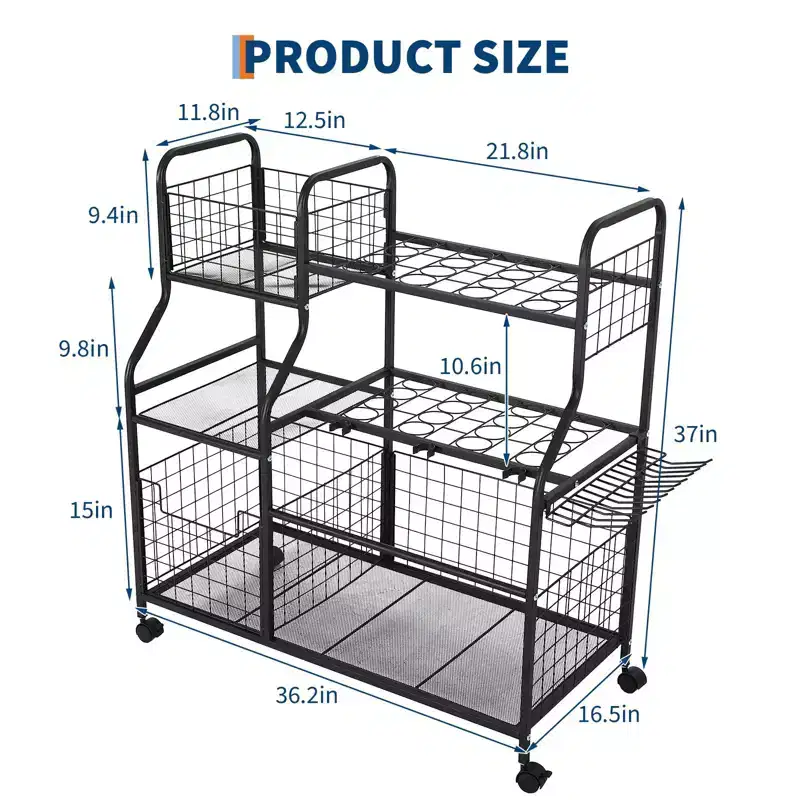 Tool Organizer With Wheels,3 Tier Yard Storage Rack with 6 Shelves & Basket,Freestanding Garage Tool Organizer for Yard Shed and Lawn