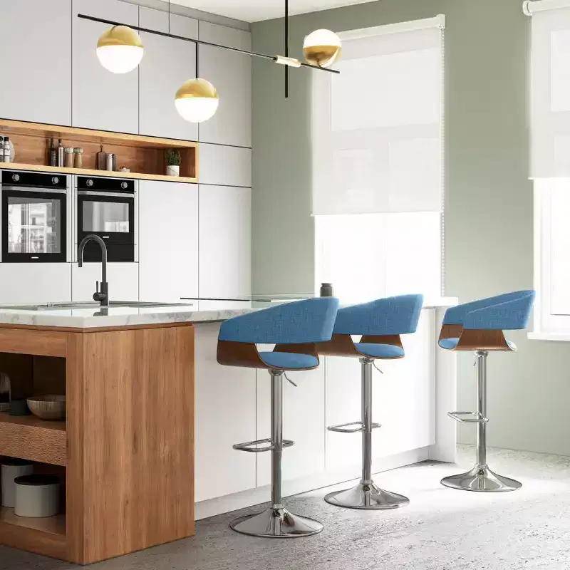 WyndenHall Calinda Adjustable Swivel Barstool Blue: Mid-Century Modern, Upholstered, Steel Legs