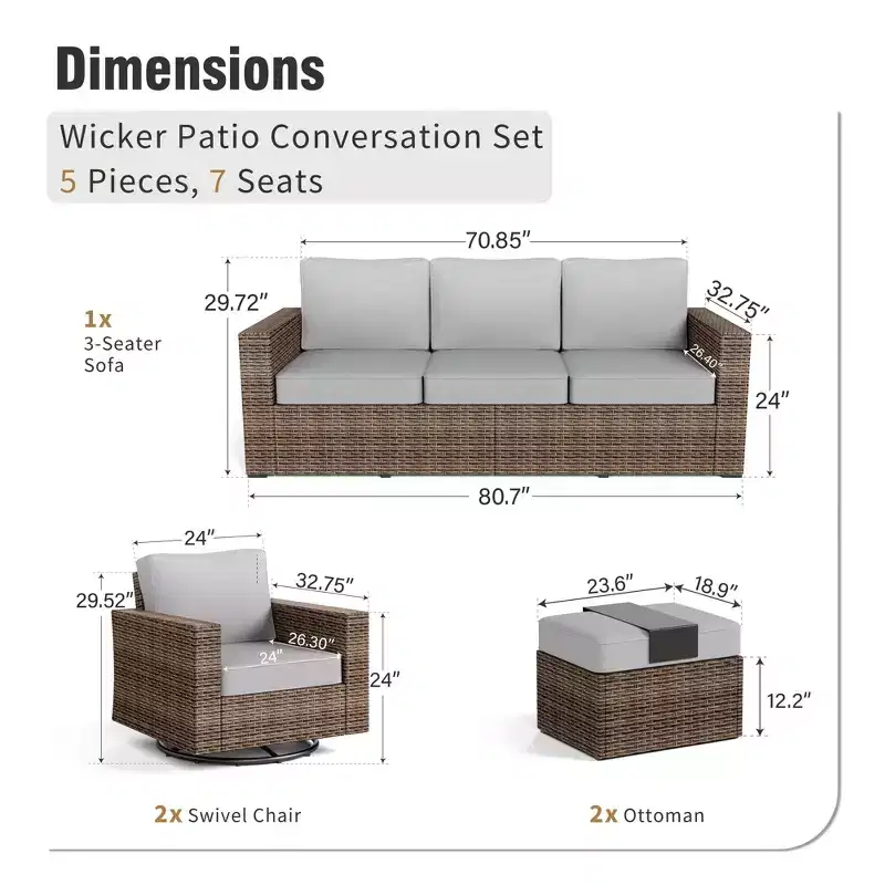 Captiva Designs 5pc Wicker Outdoor Patio Conversation Set with Ottoman for Backyard Deck Poolside
