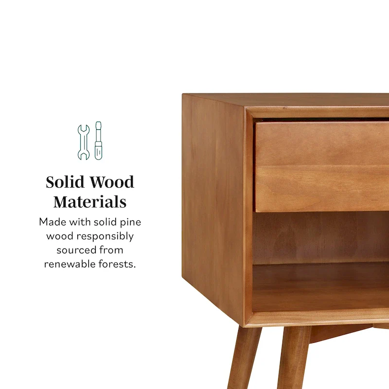 Set of 2 Mid-Century Solid Wood Nightstands with 1 Drawer, Bedroom Side Tables