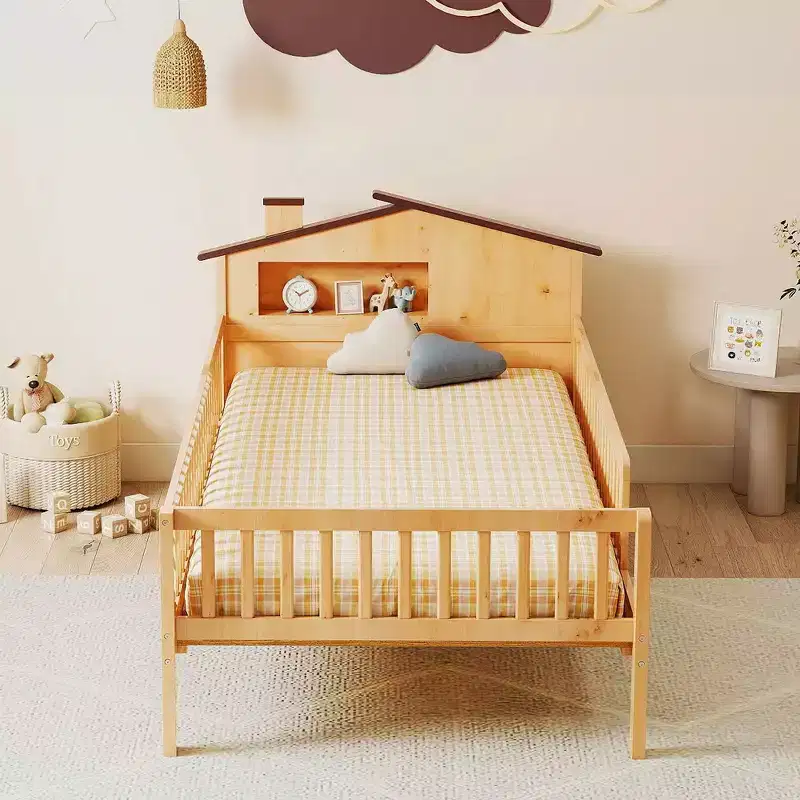 MAYEERTY Twin Size Kids Solid Wood Bed with Storage, House Headboard and Safety Guardrails