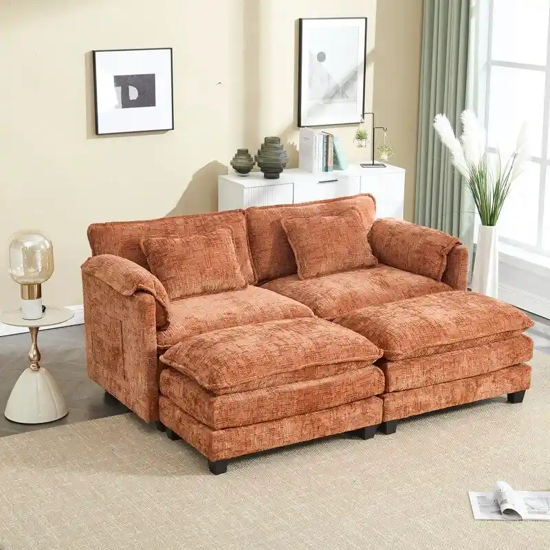 76.77  Chenille Upholstered Sofa with 2 Ottomans