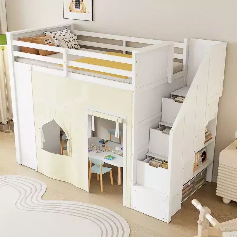 Whisen Twin Size Loft Bed with Desk Storage Staircase Drawers Curtain Solid Pine Wood-White