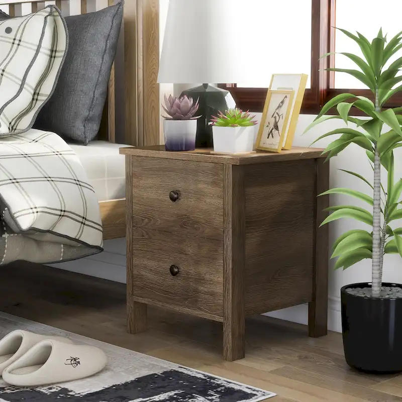 3-Drawer Nightstand, Rustic Distressed Walnut Finish, Engineered Wood, Bedroom Side Table