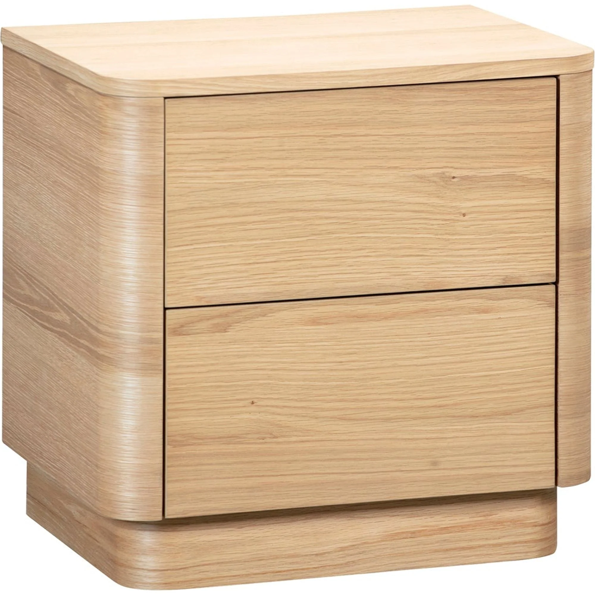 Natural Oak Veneer & Rubberwood Tall Nightstand with Rounded Corners & Dual Drawers for Bedroom