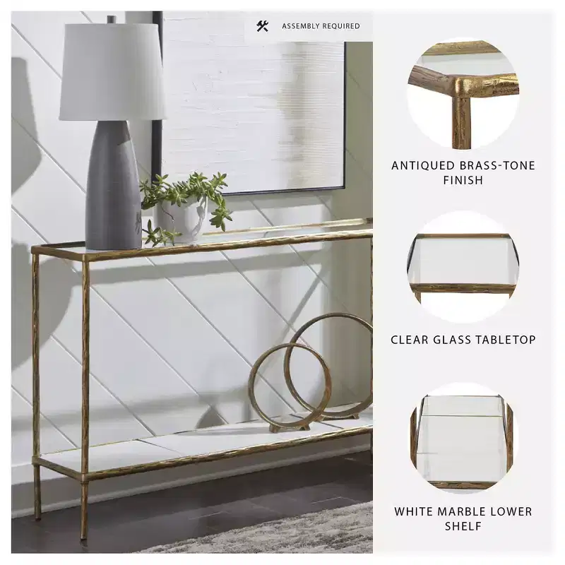 Console Sofa Table, Antique Brass Cast Aluminum, Glass Top & Marble Shelf, 52