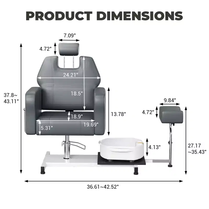 Pedicure chair with stool, footrest and massage foot basin, height adjustable, 360 degree rotating hydraulic reclining foot bath pedicure chair