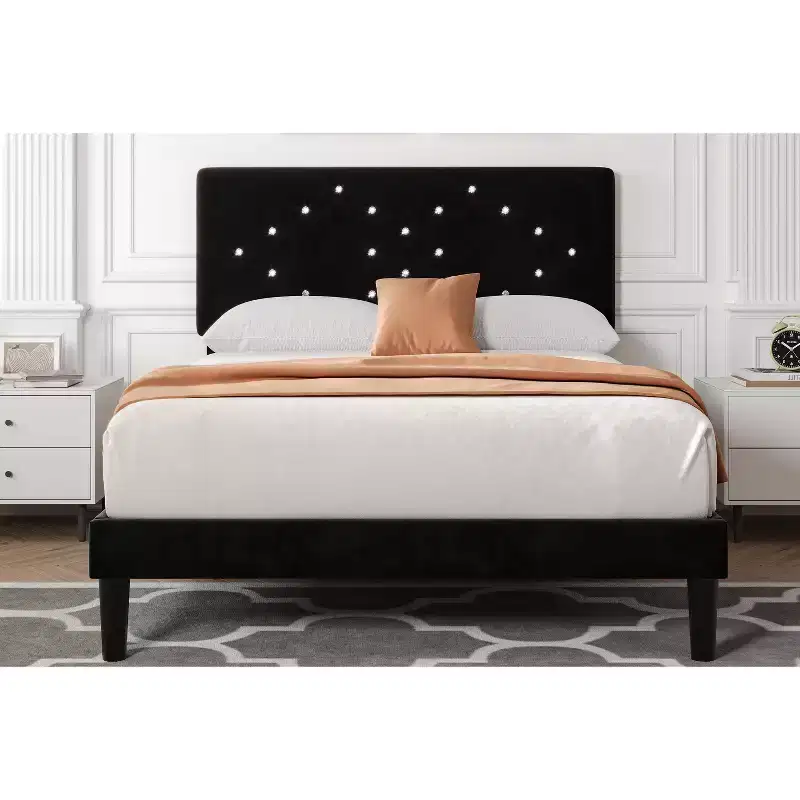 Bed Frame, Solid Wood Slatted Platform Bed with Crystal Button Headboard and Underbed Storage, Quiet and Easy to Assemble