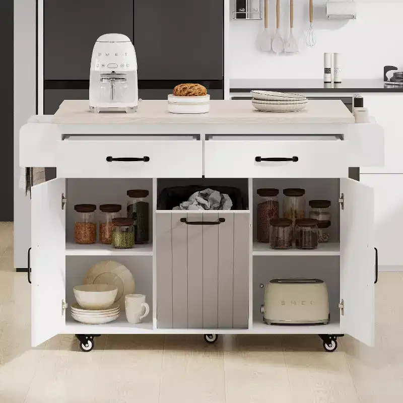 Kitchen Island with Trash Can Storage Cabinet, Kitchen Cart with Drop Leaf, Rolling Kitchen Island on Wheels with Adjustable Shelf and Drawer