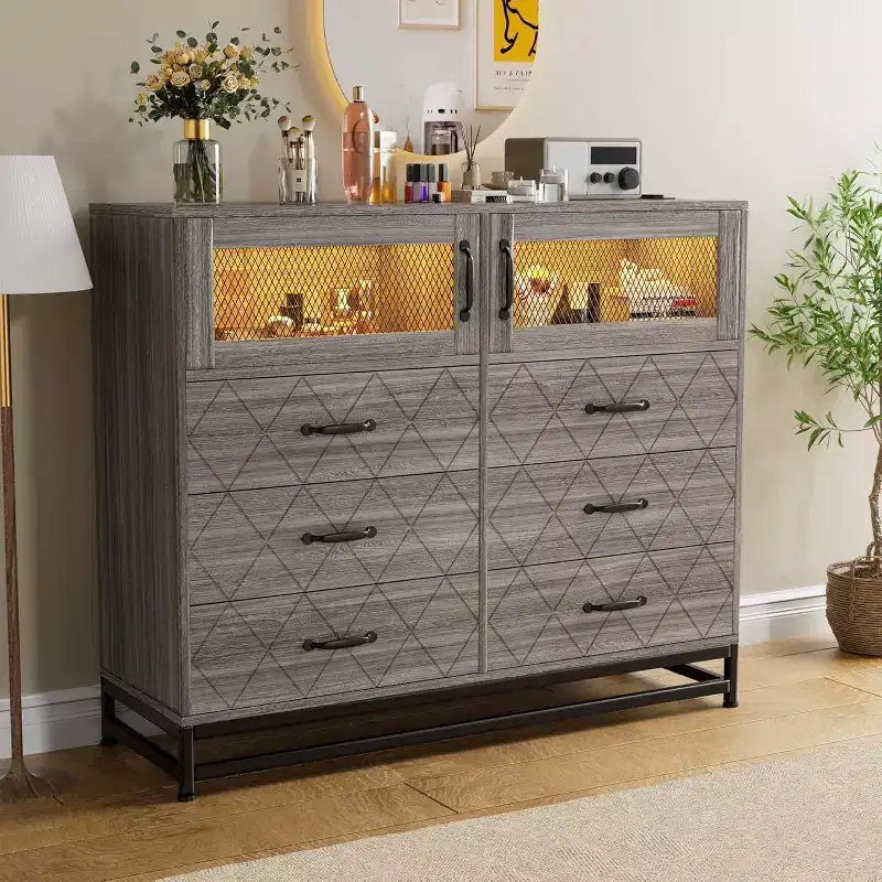 1PC 6-Drawer Dresser with USB Ports & RGB Lights - 2-Door Storage Cabinet for Bedroom/Living Room