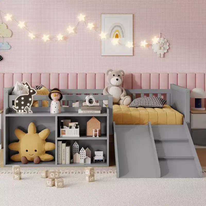 Whisen Twin Size Low Loft Bed Frame for Kids with Slide, Movable Bookshelf Storage, Guardrails, Low Loft Bed Frame