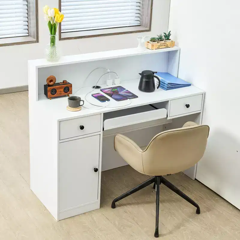 VEVOR Reception Desk, 47 Inch Rectangular Front Counter Table, Office Reception Desk with LED Light, 2 Drawers and Power Outlets, White