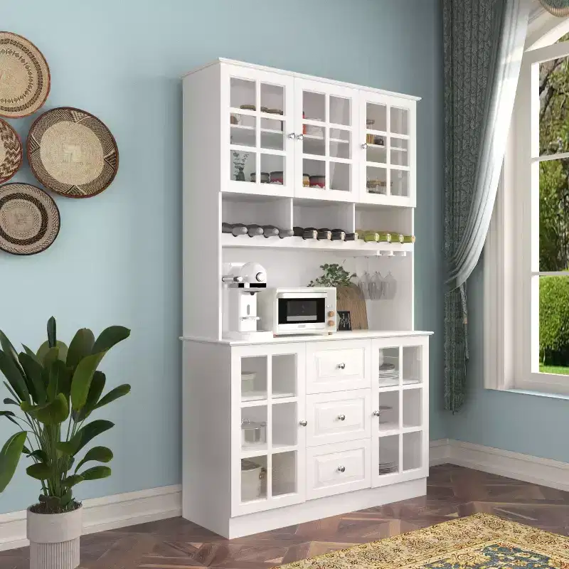 Wooden Pantry Cabinet with 3 Drawers, 13 Shelves, Cup and Bottle Holders