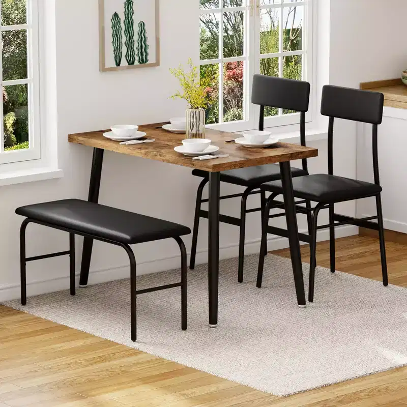 Dining Table Set for 4, Wood Kitchen Table with Upholstered Bench & 2 Chairs, Space-Saving Furniture for Kitchen, Dining Room, Apartment, Retro Style