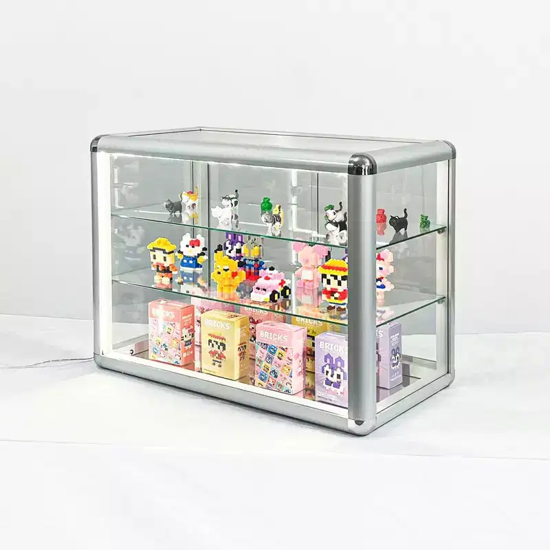 Tempered Glass Top Display Cabinet with Sliding Glass Door and Lock, Standard Aluminum Frame, Display Cabinet with Sliding Glass Door, Lock and LED