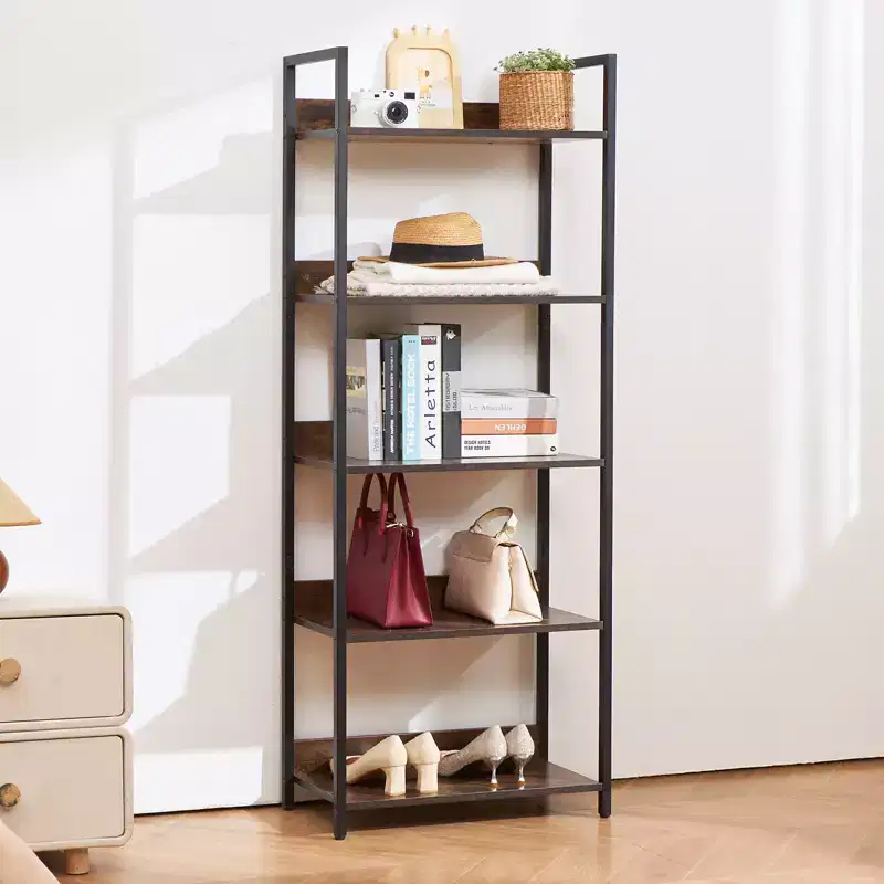 Metal Bookshelf, 5-Tier Tall Industrial Bookshelf, Rustic Display Vintage Storage Bookcase with Open Shelves, Freestanding Display Shelving