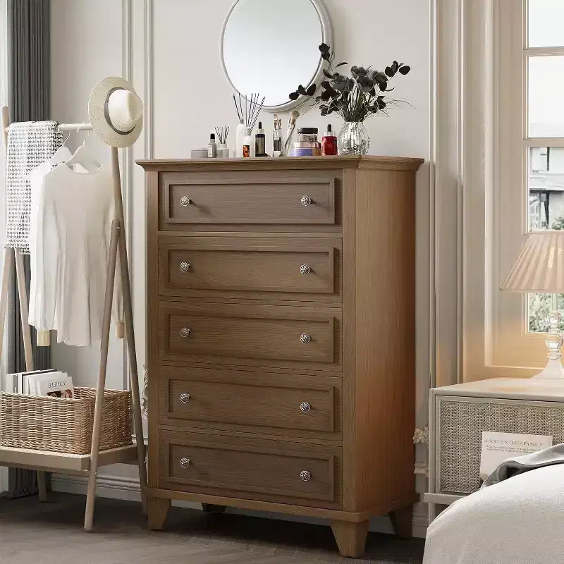 5 Drawer Dresser, Wooden Storage Chest of Drawers with Exquisite Metal Handles, Tall Storage Cabinet, Modern Design Dresser for Bedroom, Living Room