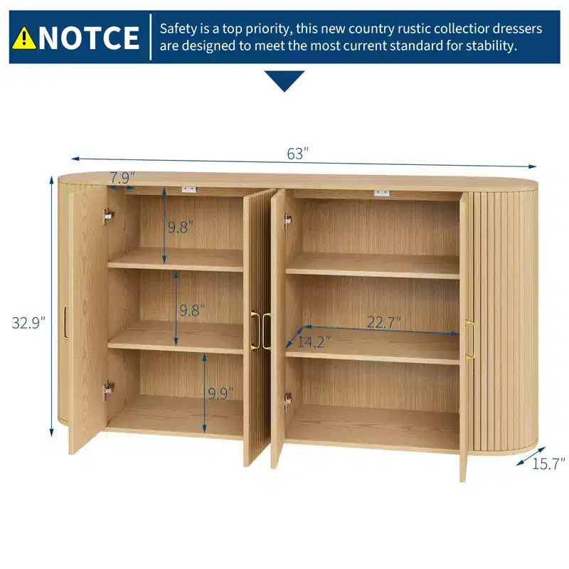 63 Sideboard Buffet Cabinet, Fluted Entryway Coffee Bar Cabinet with 4 Doors, Wooden Media Console Table, Accent Credenza for Living Room Kitchen
