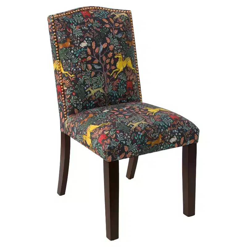 Skyline Furniture Ayala Nail Button Patterned Dining Chair Frolic Navy: Upholstered Linen-Cotton Blend, Camel Back Design, Tapered Wooden Legs
