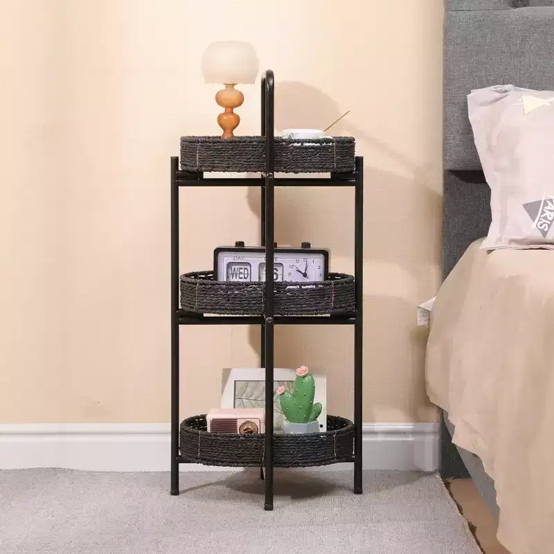 MAYEERTY 3 Tier Paper Rope Woven Tray Table Oval Storage Basket Shelves for Living Room Kitchen Black
