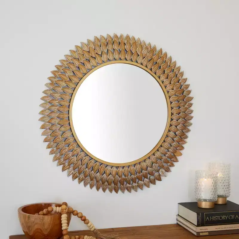 32"x32" Metal Leaf Radial Wall Mirror Gold - Olivia & May: Iron Frame, No Assembly Required