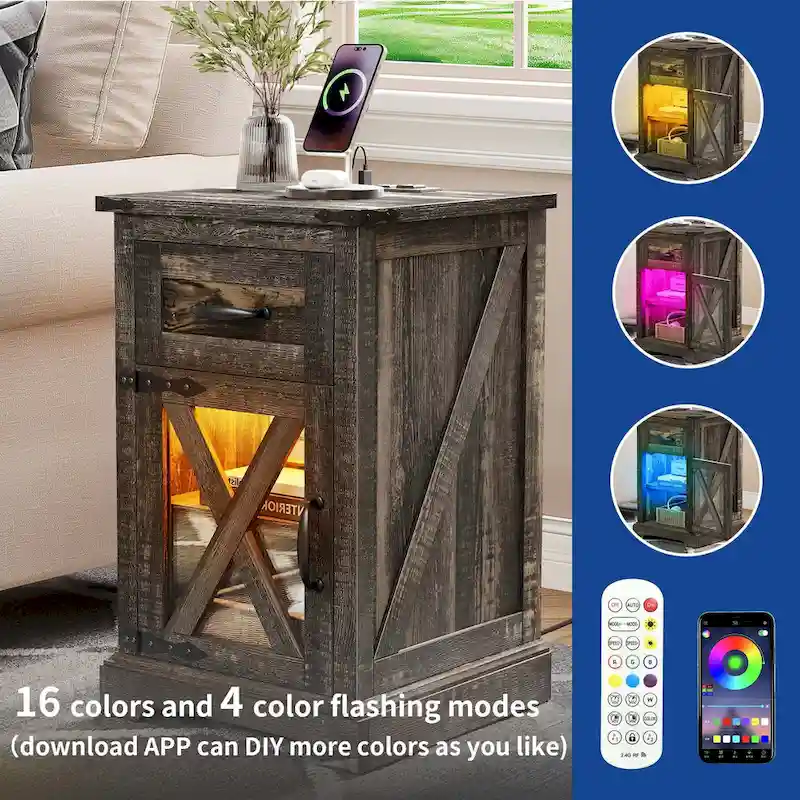 Moasis Set of 2 End Table with Drawer and Power Outlet, LED Light Side Table with Charging Station