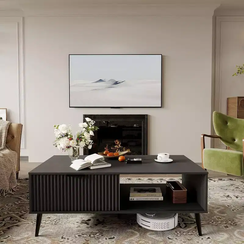 Coffee Table, Wooden Coffee Table with Storage Cabinet, Two-Tier Design, Sliding Door