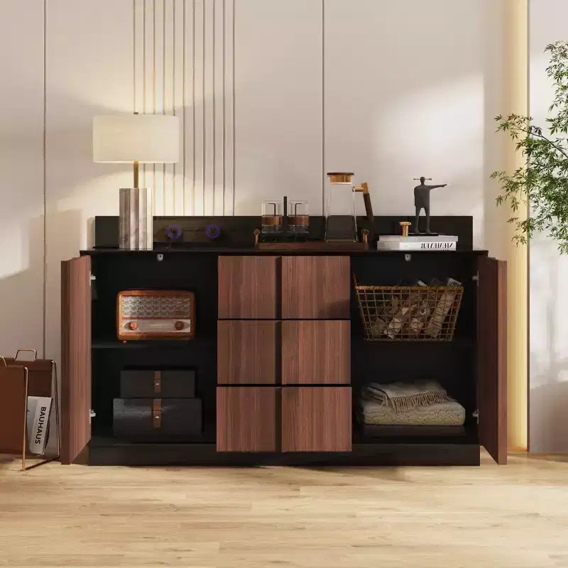 Famapy Multifunctional Storage Cabinet Buffet Kitchen Cabinet with Sliding Outlets  Black Gloss & Wood Finish