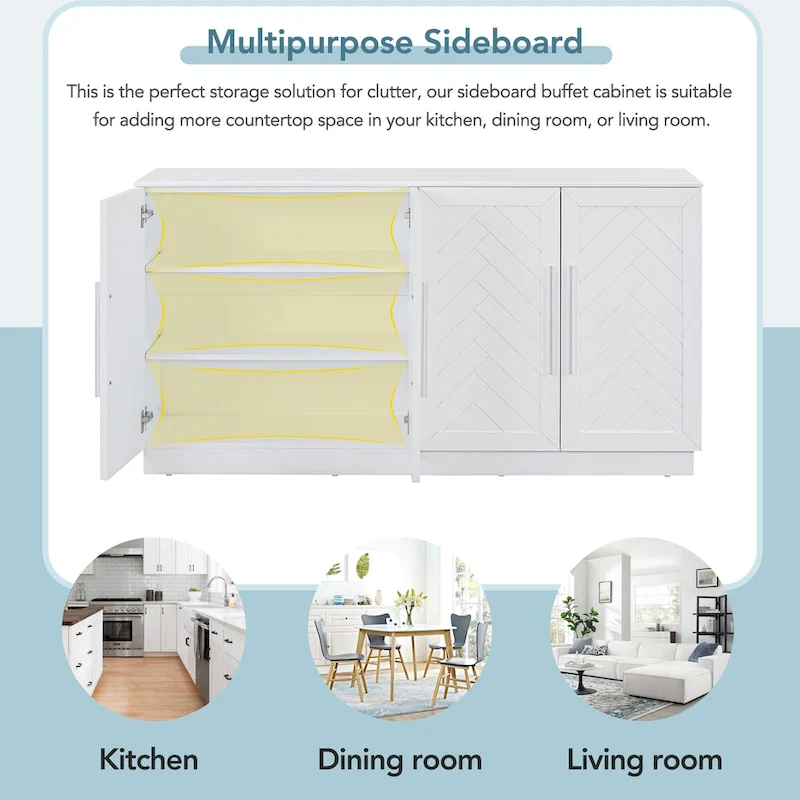 Sideboard Buffet Cabinet with Adjustable Shelves & Silver Handles