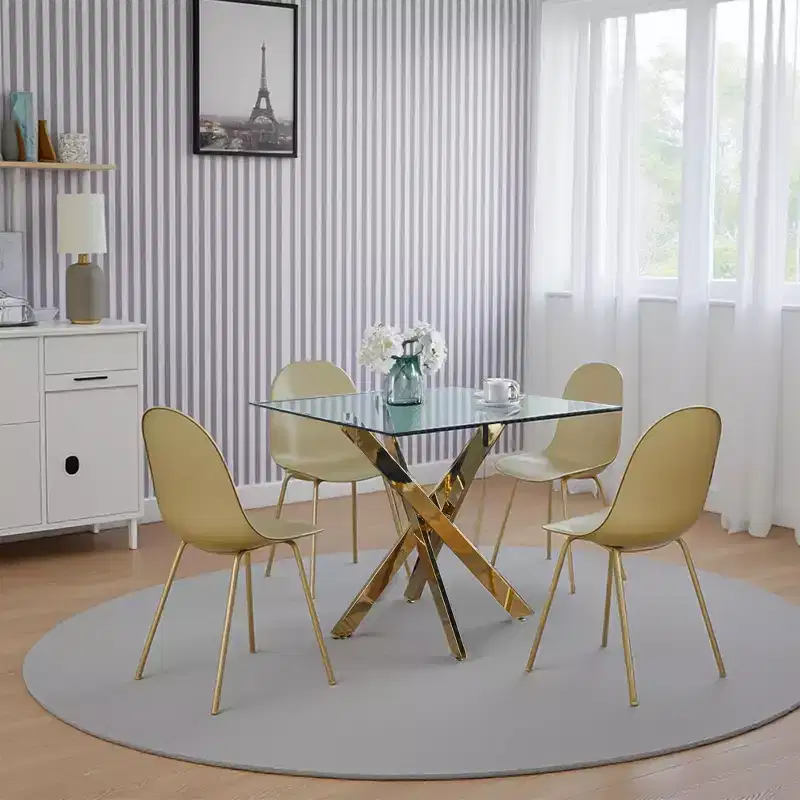 Cross Metal Leg Dining Table with Tempered Glass C Living Room Space Saver