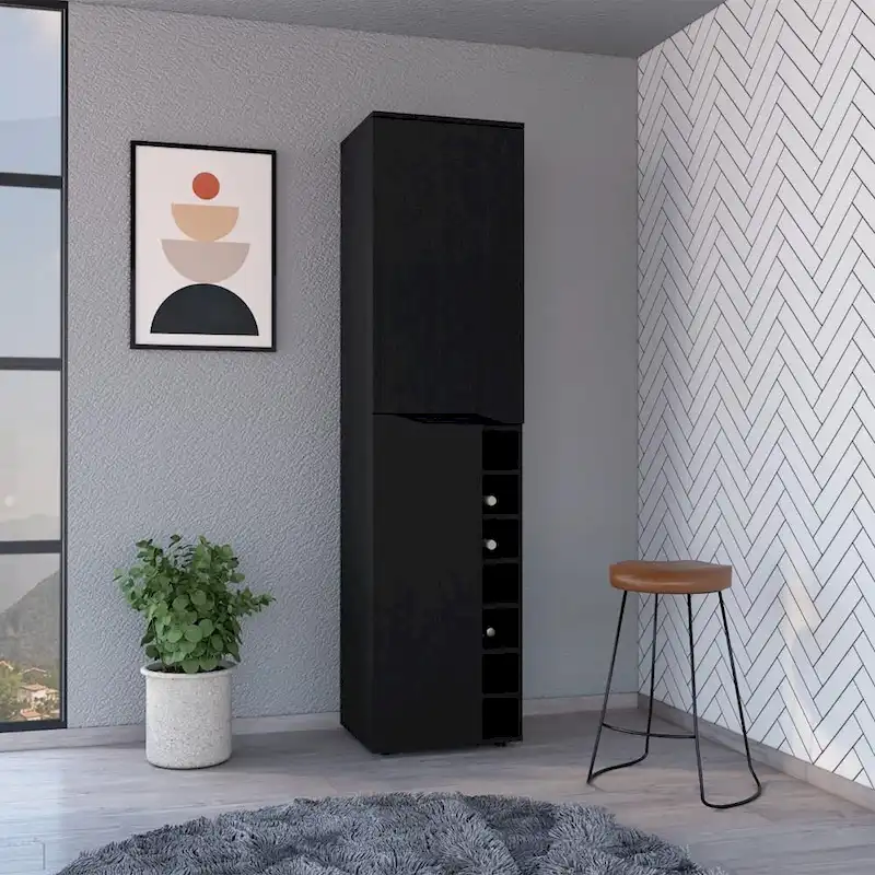 Tall Storage Cabinet with Seven Cubbies and Two-Door Compartment - Black