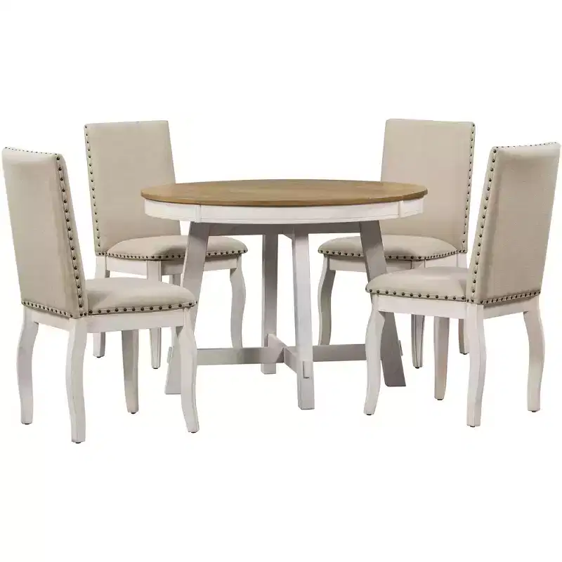 Whisen 5-Piece Farmhouse Dining Table Set with Extendable Dining Table and 4 Upholstered Dining Chairs