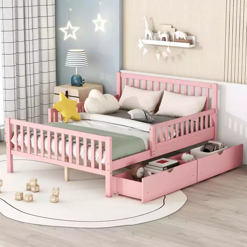 Full Size Wood Platform Bed with Guardrails on Both Sides and Two Storage Drawers Pink