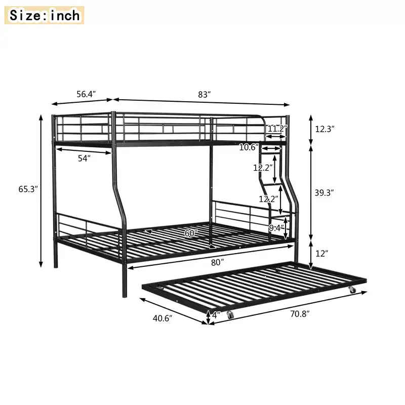 Metal Bunk Beds with Trundle, Heavy Duty Bunk Bed Frame for Kids Teens Adults
