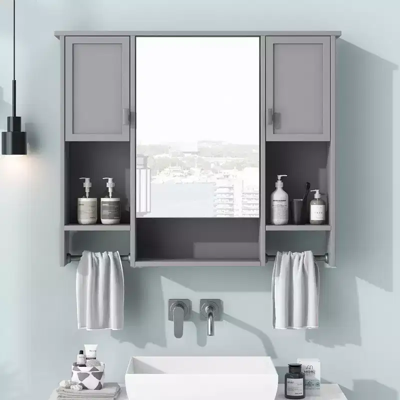 Bathroom Storage Cabinet, Wall Mounted Cabinet with Mirror, Towels Bar, Wooden Hanging Medicine Cabinet for Kitchen, Living Room, Laundry Room